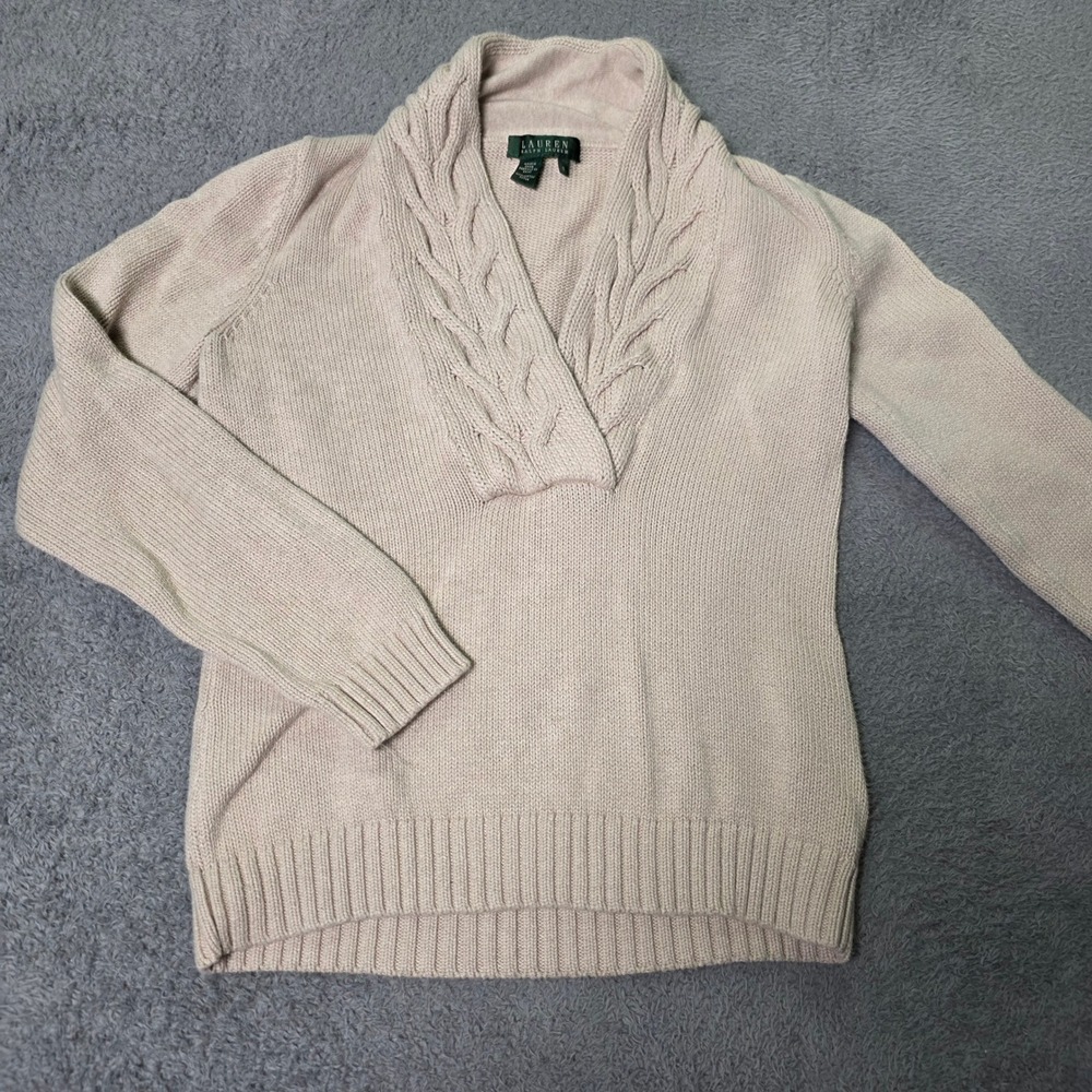 Lauren Ralph Lauren Womens S Sweater Beige Shawl Collar Cable Knit Cotton 6581